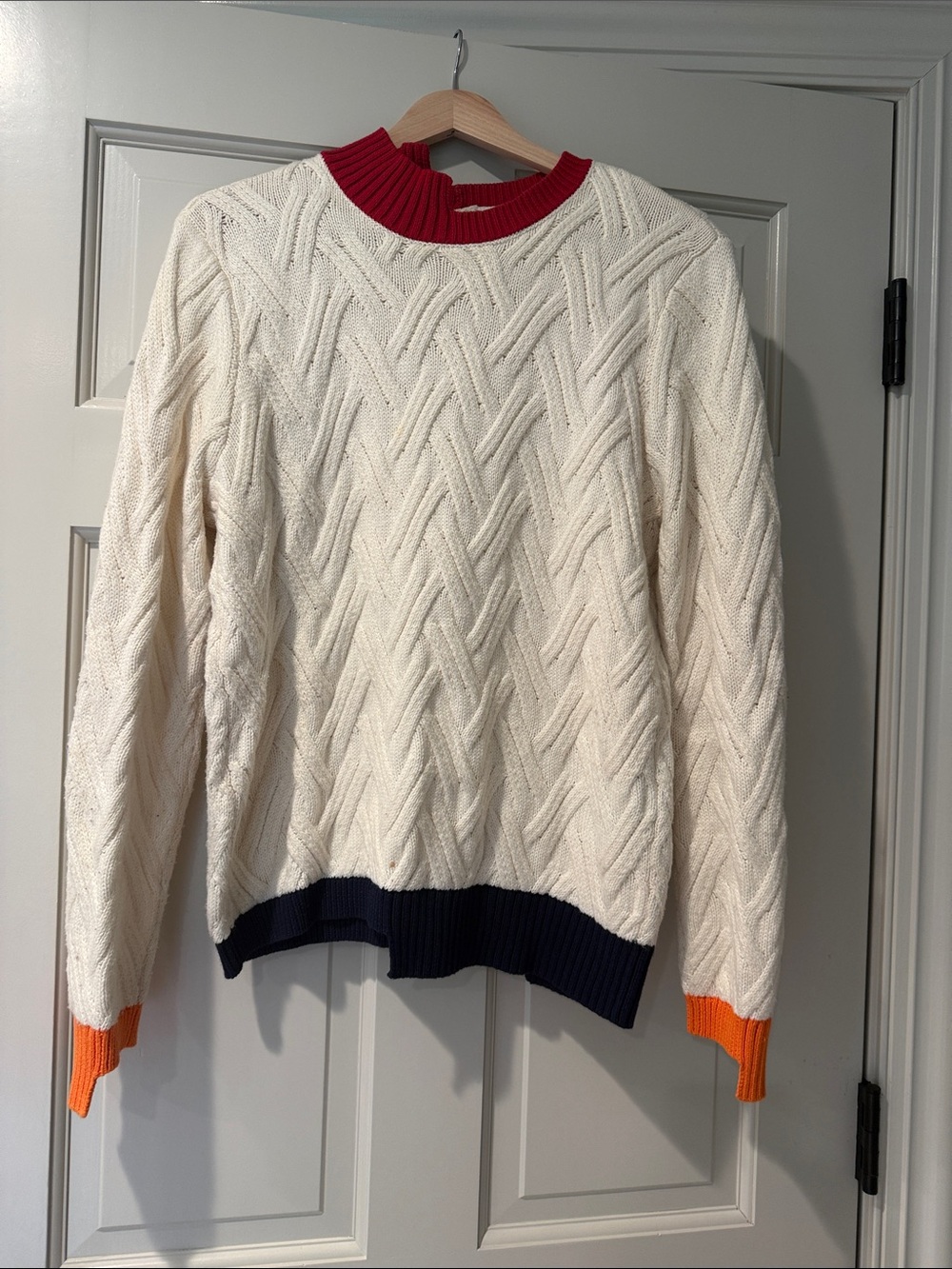 Armani Exchange Cream Cable Knit Sweater with Red Neck and Navy Hemlock